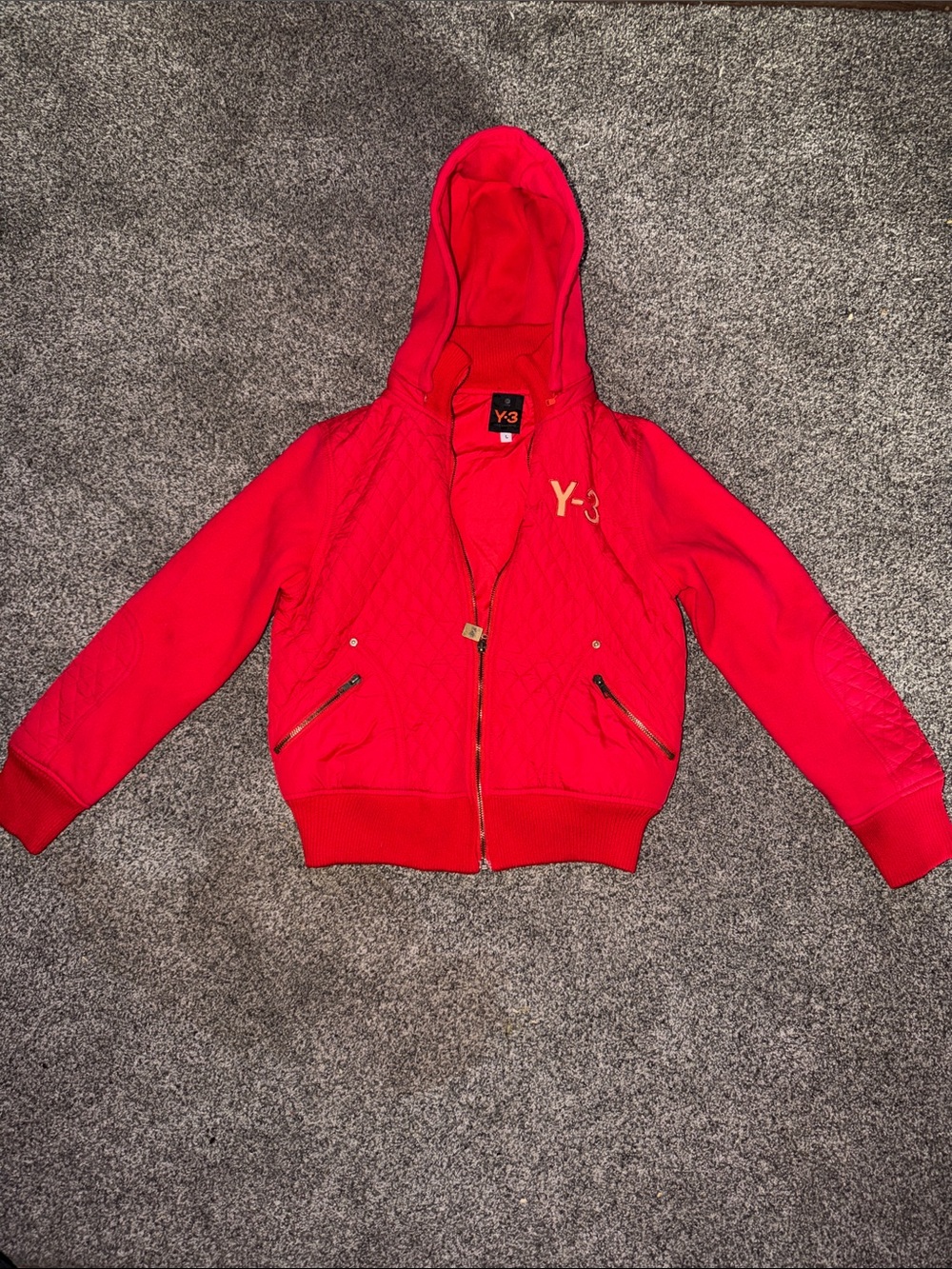 Y-3 Kids Red Quilted Hooded Zip Puffer Jacket